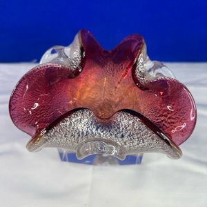 Murano Fluted Bowl with Silver Mica And Pink Center Vintage